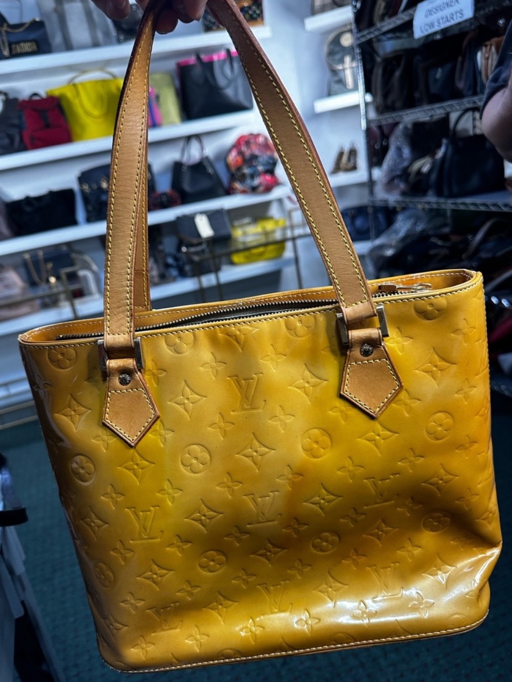 Louis Vuitton Yellow Monogram Vernis Tote with Natural Leather Handles